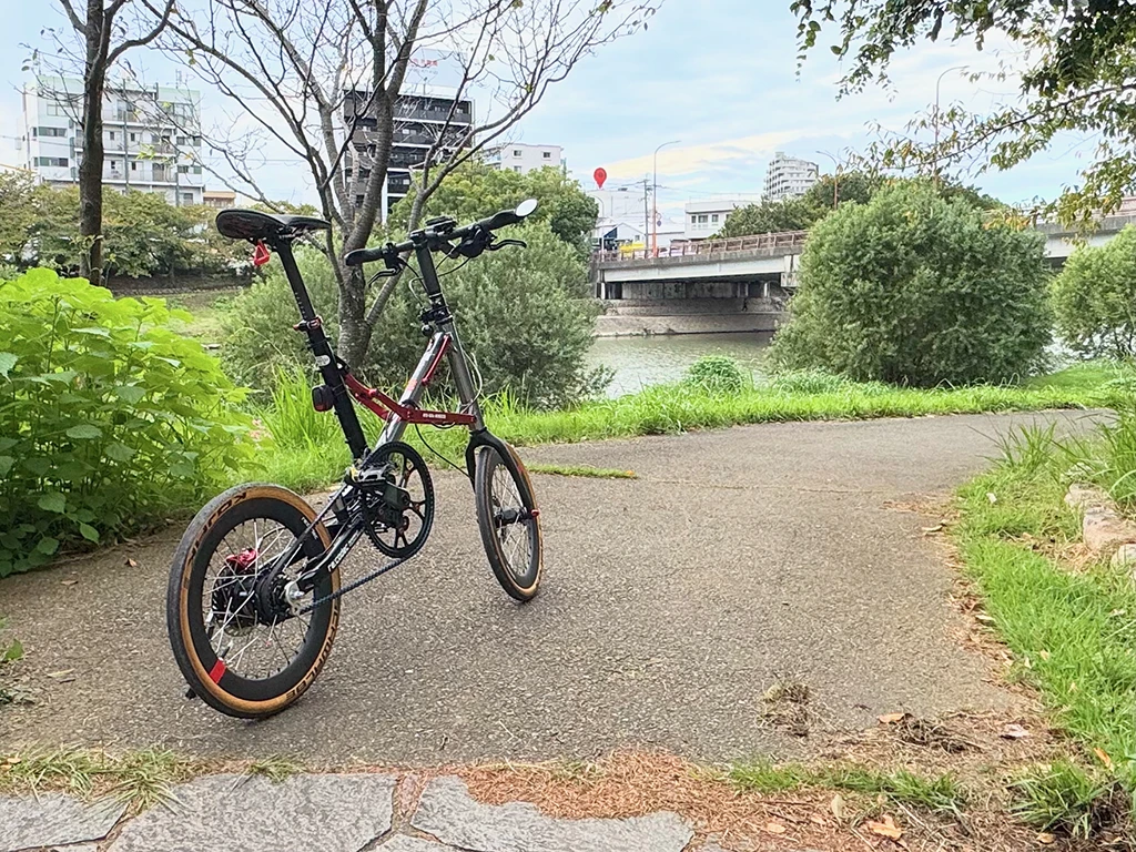 自転車　折りたたみ自転車　折り畳み自転車　カスタム　改造　魔改造　自転車カスタム　折りたたみ自転車カスタム　折り畳み自転車カスタム　OX　PECO　16インチ　349　ベルトドライブ　Gates Carbon Drive　内装変速機　Shimano　シマノ　アルフィーネ11　ALFINE11　全塗装　特殊塗装　メッキ塗装　河川敷